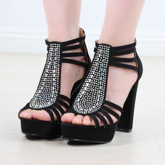 Black Rhinestone T-Strap Platform Sandals Women’s Block Heel Evening Party Shoes - Picture 16 of 16